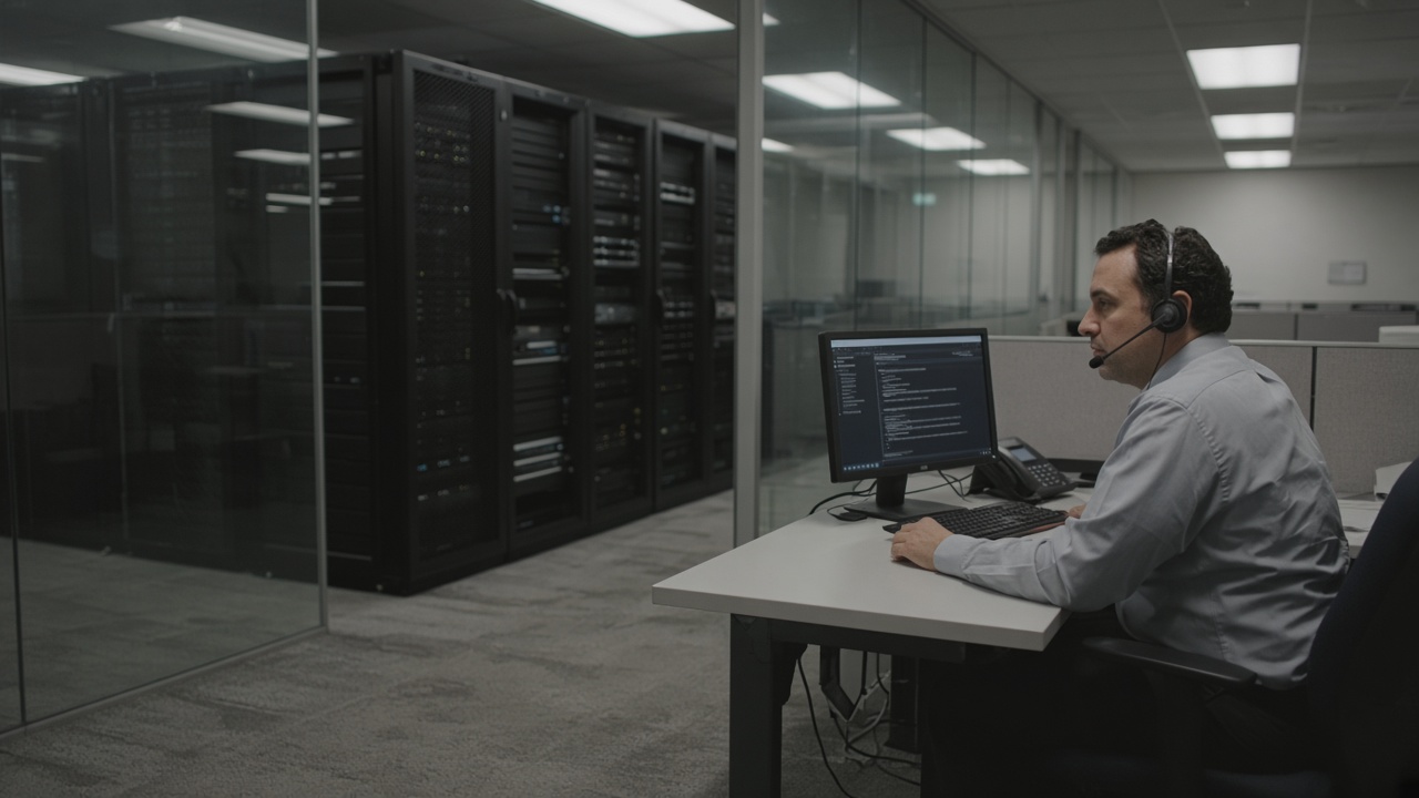 Bank operations back office with rows of black server racks behind glass, a supervisor wearing a wired headset at a monitoring desk, cool fluorescent lighting, carpet wear patterns, no logos or readable text