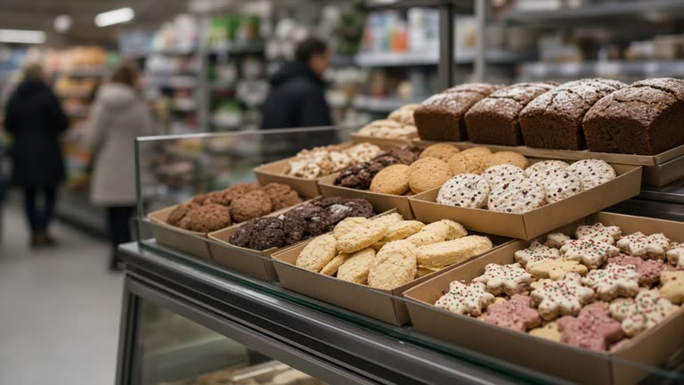 Supermarket bakery case stacked with generic holiday cookies and gingerbread loaves in plain cardboard trays under warm fluorescent light, shoppers blurred in background, no logos or readable text