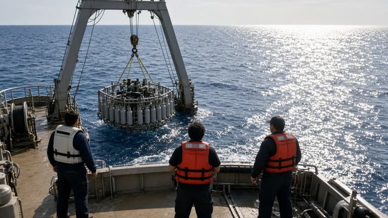 Ocean research vessel stern with CTD rosette being lowered into blue water, afternoon sea glare, crew in life vests from behind, no logos or readable text.