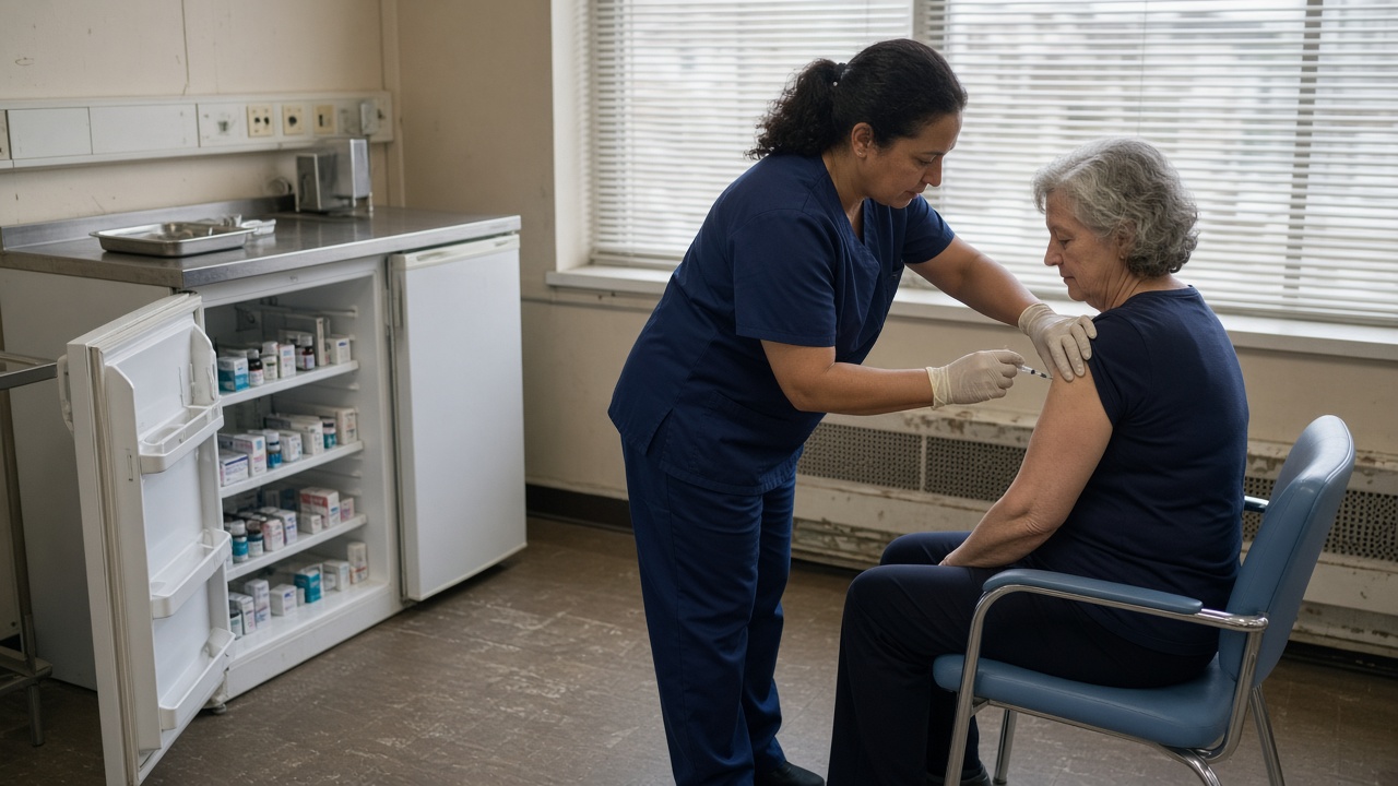Community polyclinic immunisation room in Melbourne with vaccine fridge, nurse preparing an upper-arm injection, overcast daylight through blinds, worn linoleum floor, no logos or readable text