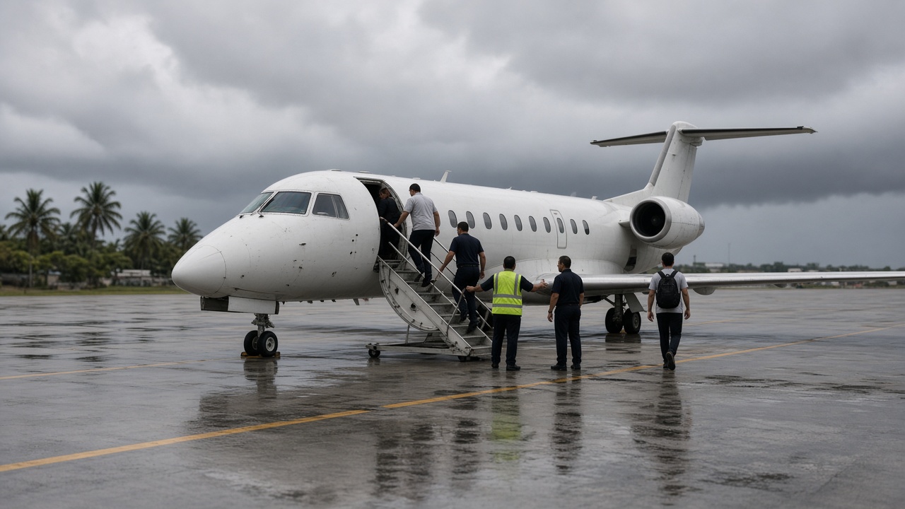 Small regional jet on a tropical airport apron with ground staff guiding passengers up mobile stairs, heavy grey cloud on the horizon, damp tarmac reflections, no logos or readable text.