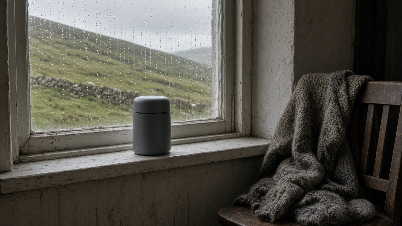 White mesh WiFi pod on a stone farmhouse windowsill beside rain-streaked glass, damp wool jumper on a wooden chair, overcast Welsh hillside visible outside, no logos or readable text.
