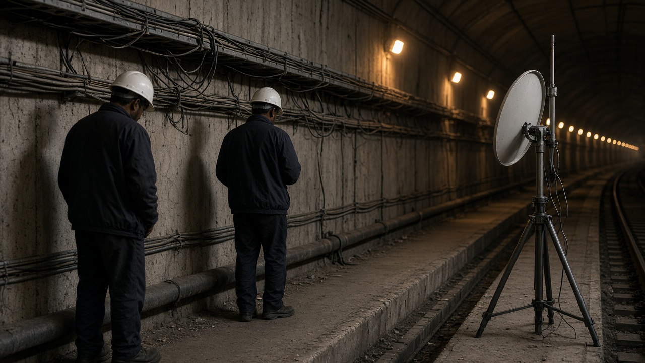 Technicians on a Delhi Metro tunnel service walkway beside cable trays and a small directional radio mounted on a tripod, sodium tunnel lighting and concrete walls, no logos or readable text.