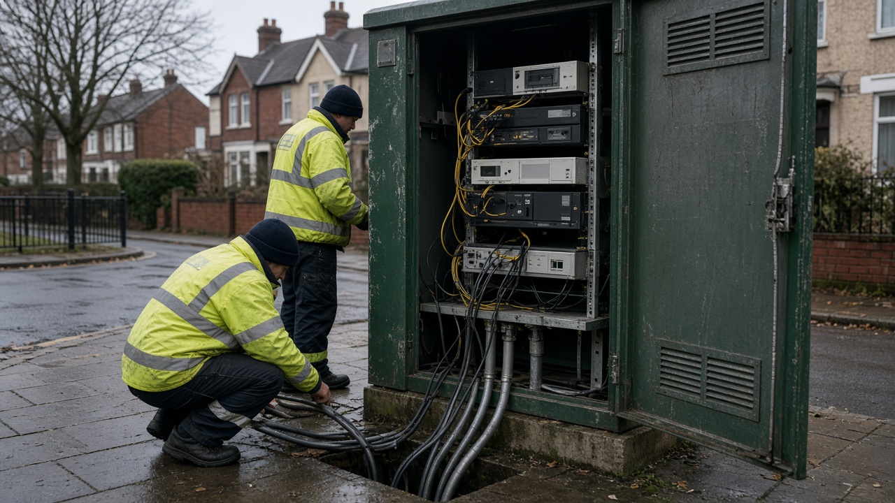 Open green street telecom exchange pod on a Birmingham suburban pavement with engineers in high-vis beside rack-mounted radio units, overcast daylight, wet asphalt and cable ducts, no logos or readable text