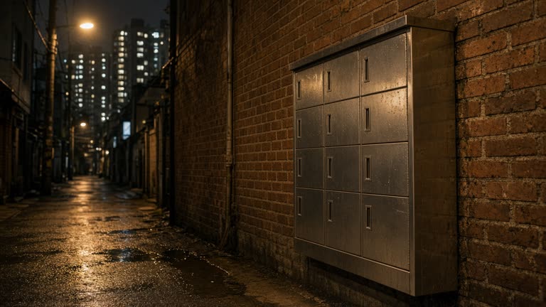 Narrow Seoul alley at night with a stainless prescription pickup locker against a brick wall, warm sodium street light, wet pavement, distant apartment towers, no logos or readable text