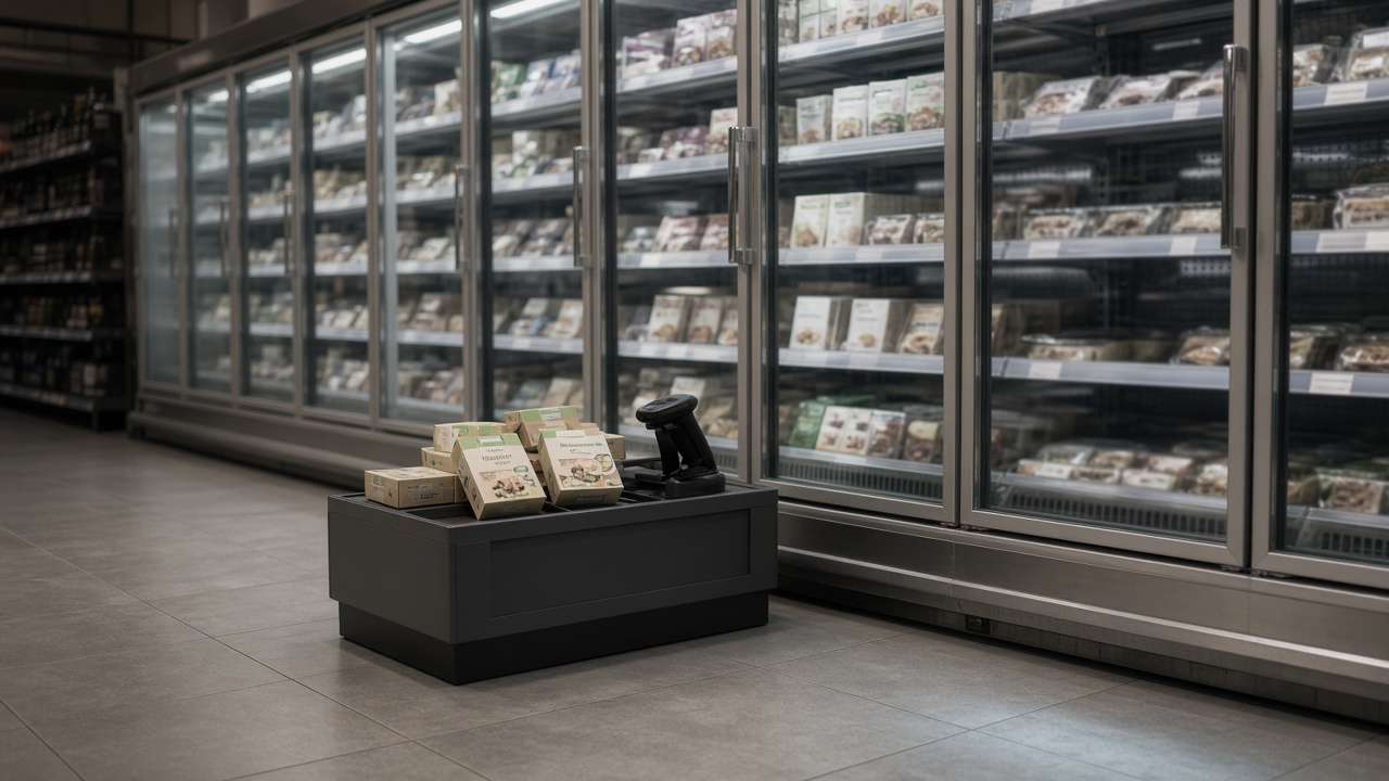 Supermarket chilled aisle with a low RFID pick shelf holding Duchy Organic meal kit boxes and a handheld scanner, cool white refrigeration lights reflecting on floor tiles, no logos or readable text