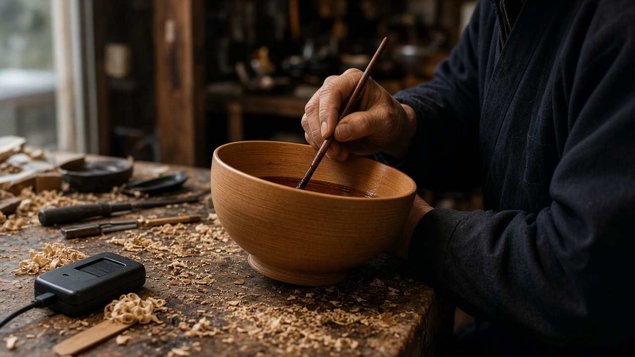Artisan applying lacquer to a wooden bowl in a Wajima workshop with a tiny NFC tag and reader on the workbench, warm tungsten light, wood shavings, no logos or readable text.