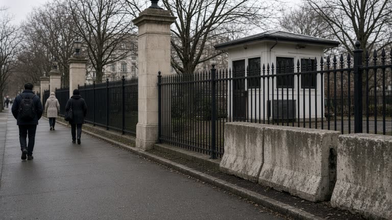 Northwest Gate security booth at the White House with black iron fence and concrete barriers, overcast morning light, a few pedestrians on the sidewalk, no readable badges or text