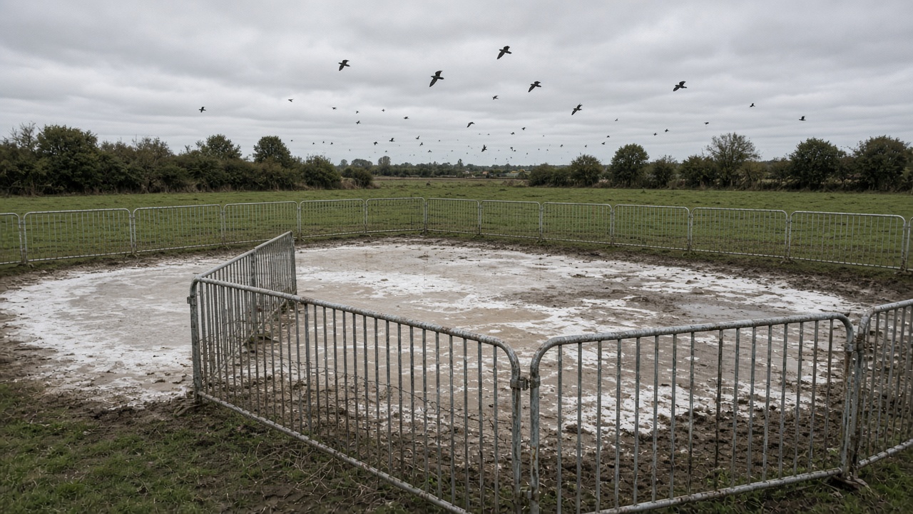 Temporary chest-high fencing around a shallow brine pool in a Cheshire pasture with lapwings circling overhead and white salt crust on mud, grey September sky, no logos or readable text