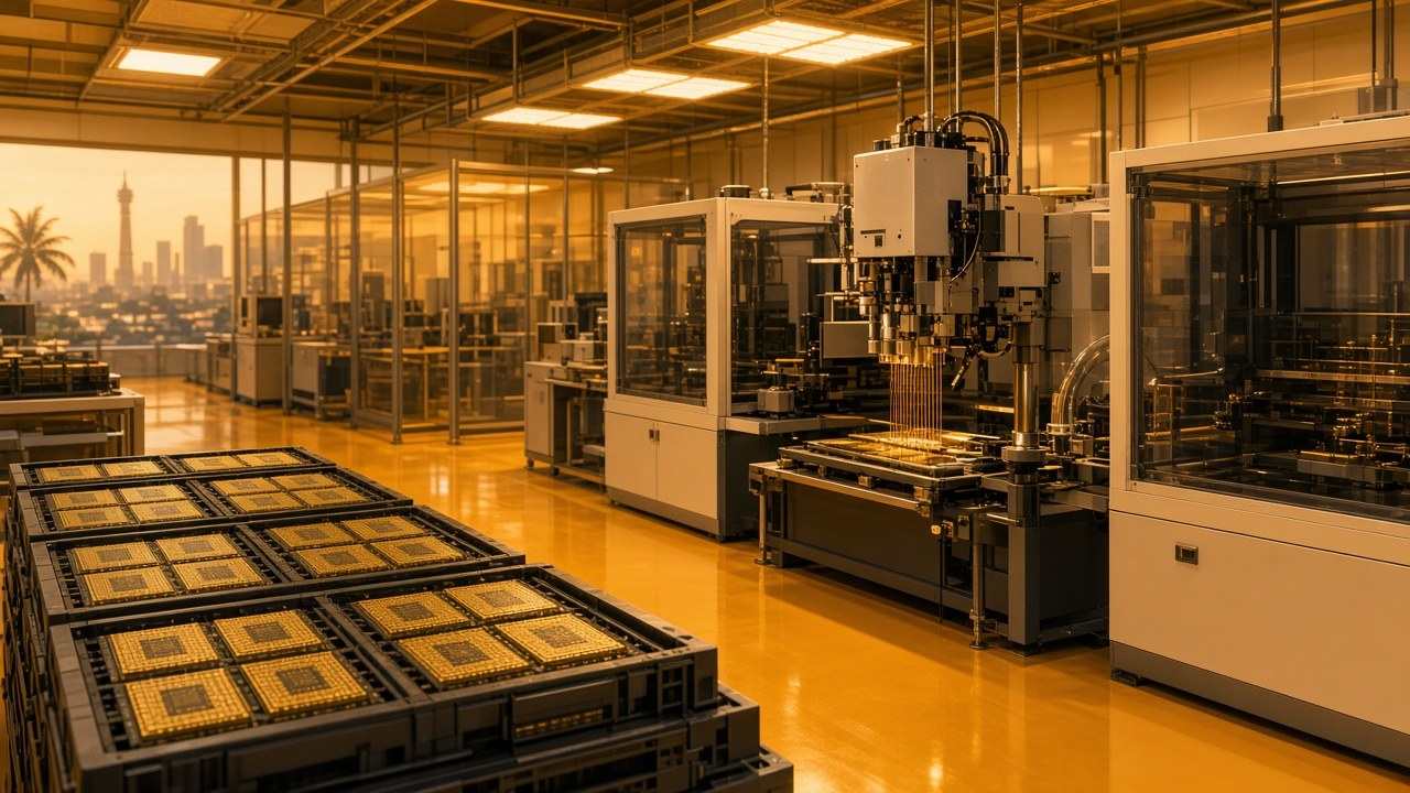 Editorial illustration of semiconductor wire-bond packaging machines in a cleanroom bay with amber lighting, DRAM modules on trays, no logos or readable text.