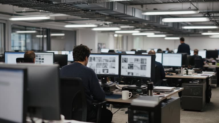 Open-plan technology office with analysts at dual monitors reviewing document thumbnails on blurred screens, late-evening fluorescent light, coffee cups and cable trays, no logos or readable text