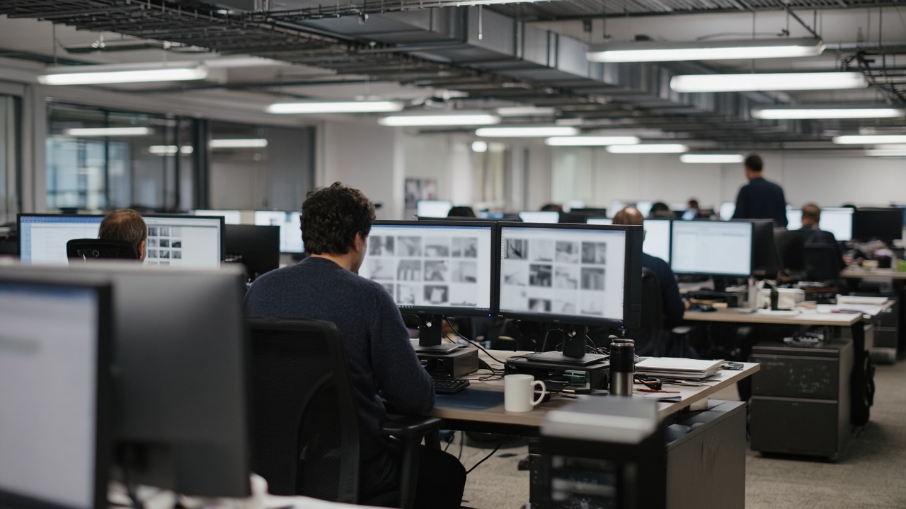 Open-plan technology office with analysts at dual monitors reviewing document thumbnails on blurred screens, late-evening fluorescent light, coffee cups and cable trays, no logos or readable text