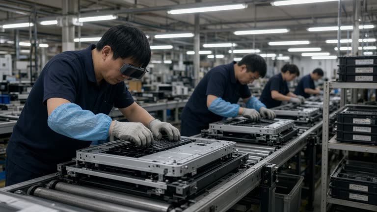 Workers fastening keyboard assemblies onto aluminum laptop chassis on an ODM factory floor with conveyor belts and overhead fluorescent strips in Taoyuan, serial stickers blurred, no logos or readable text