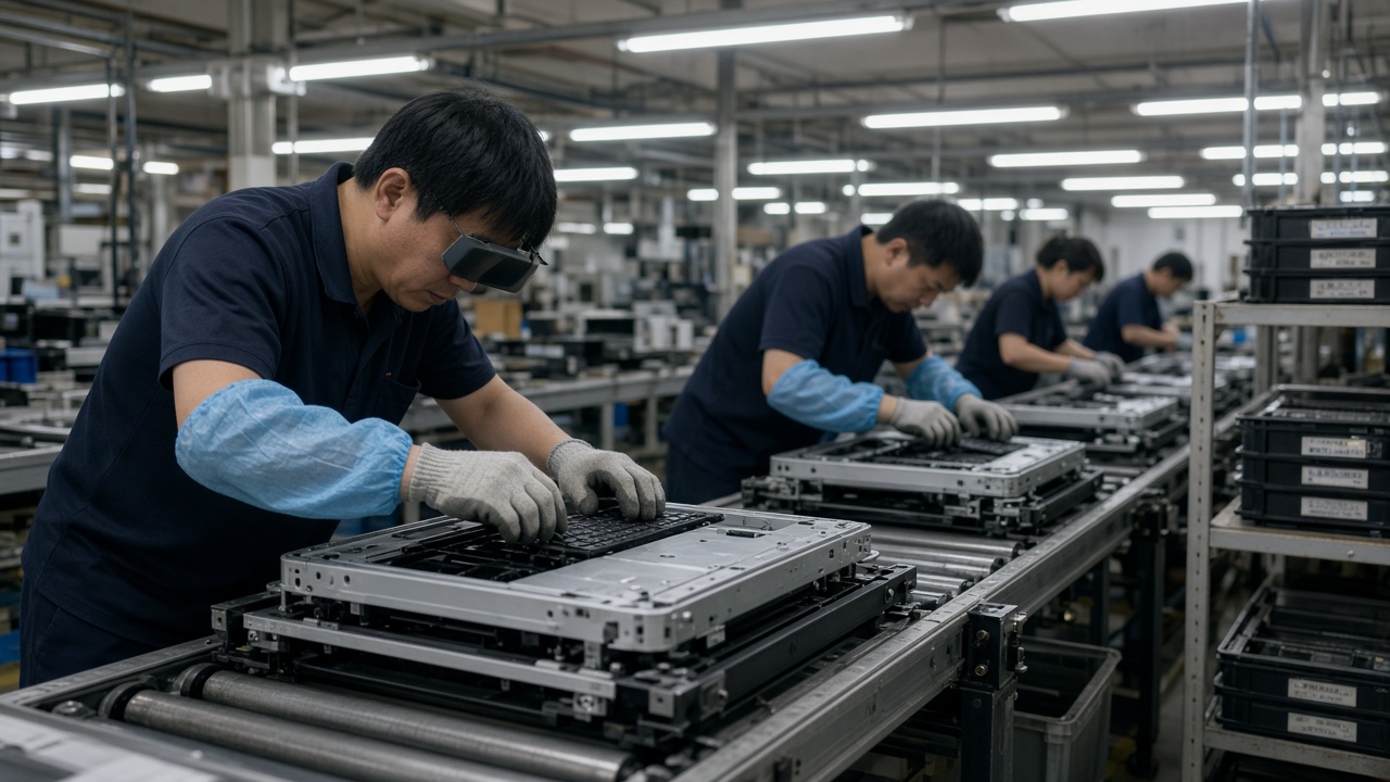 Workers fastening keyboard assemblies onto aluminum laptop chassis on an ODM factory floor with conveyor belts and overhead fluorescent strips in Taoyuan, serial stickers blurred, no logos or readable text