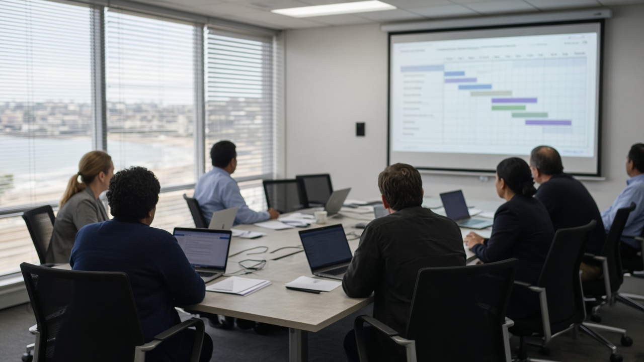 Wollongong council IT meeting room with projected blurred Gantt chart, laptops on table, coastal light through blinds, no readable text or logos