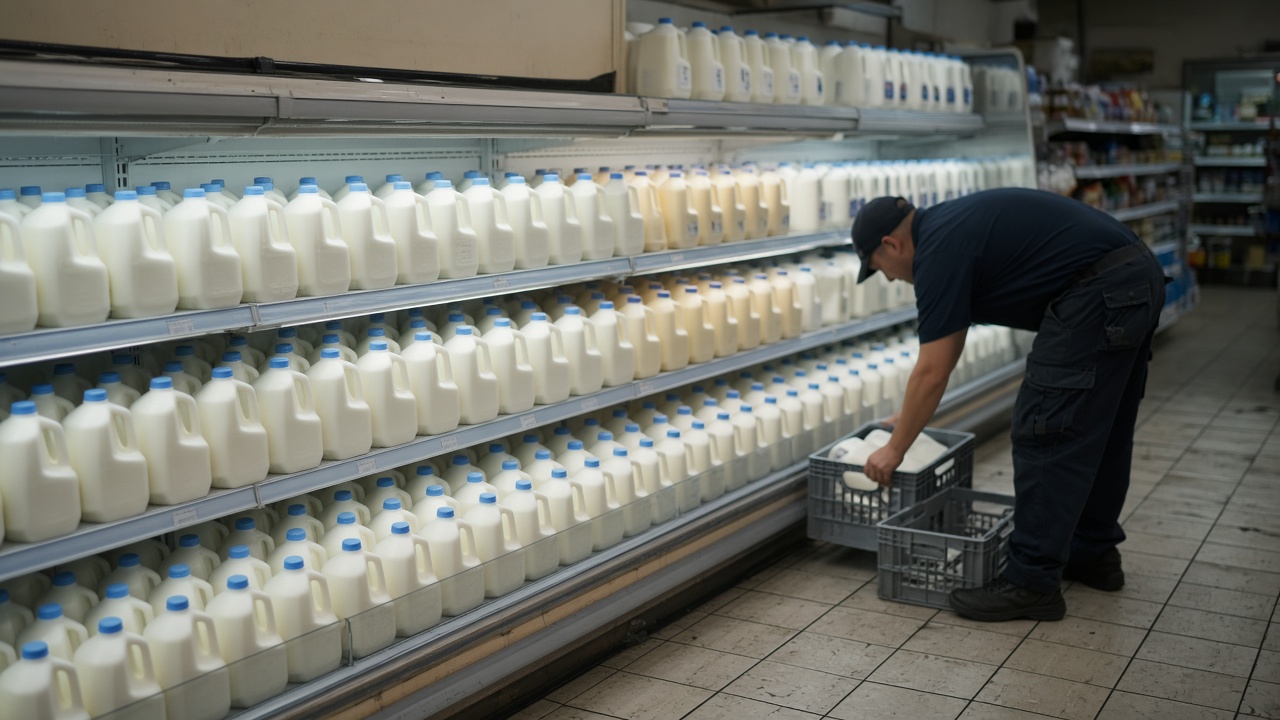 Supermarket refrigerated dairy aisle with stacked plastic milk bottles and a worker restocking crates under cool white fluorescents, worn tile floor, no logos or readable text