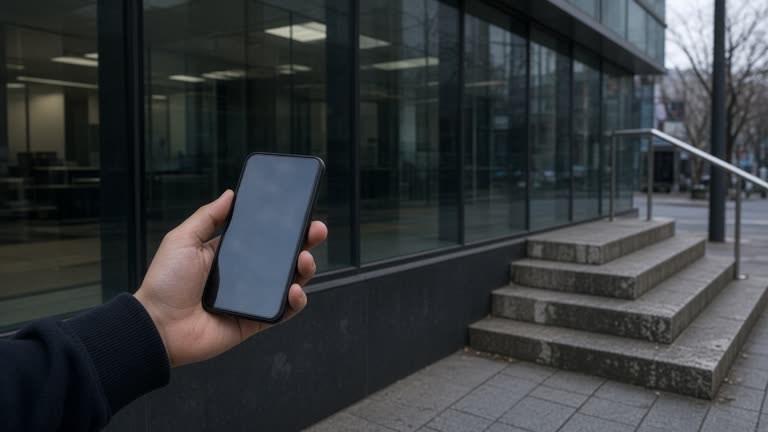 A teenager’s hand holding a smartphone near a Woori Card bank branch glass facade on an overcast Seoul sidewalk with scuffed granite steps, screen glow without readable text, no logos or readable text.