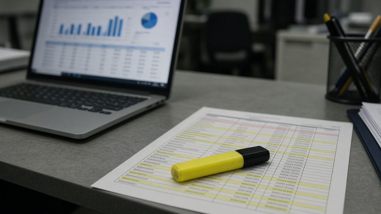 Office desk with laptop showing blurred payroll charts, printed timesheet grid and highlighter on laminate surface under cool fluorescent light, no logos or readable text