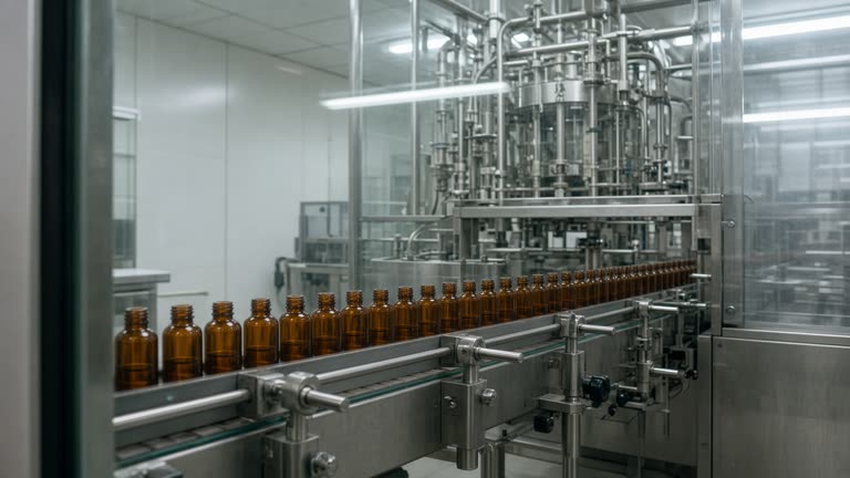 Cosmetics factory bottling line behind glass with stainless pumps and unlabeled amber bottles on a conveyor, cool fluorescent clean-room light, no logos or readable text