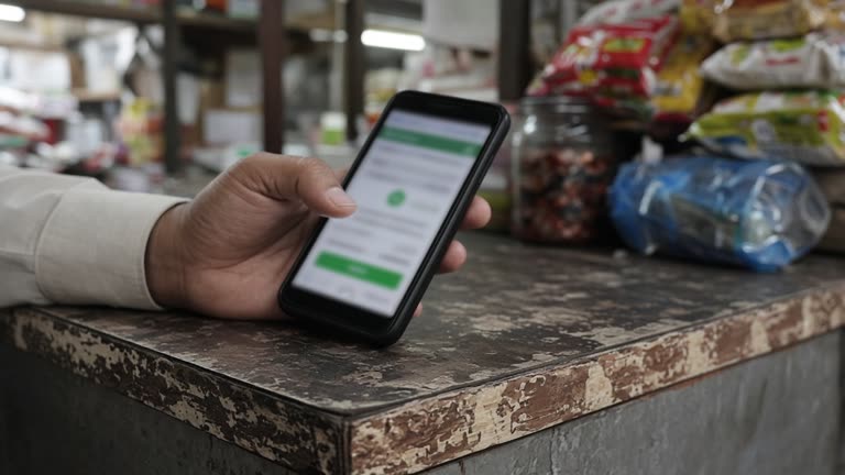 Close view of a customer holding a budget smartphone with a blurred payment app interface at a Mumbai kirana counter, fluorescent shop light, worn Formica counter edge, no readable text or logos