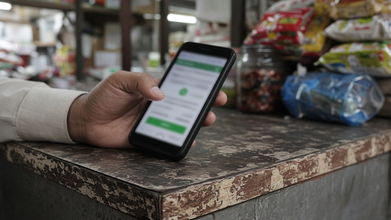 Close view of a customer holding a budget smartphone with a blurred payment app interface at a Mumbai kirana counter, fluorescent shop light, worn Formica counter edge, no readable text or logos