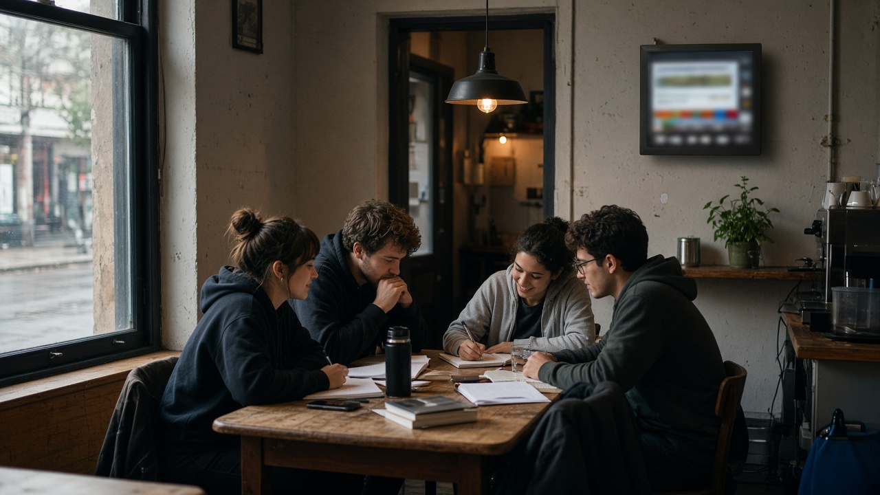 Small neighborhood café interior with students at a corner table, wall-mounted digital sound level meter with blurred display, warm pendant lights, no logos or readable text.