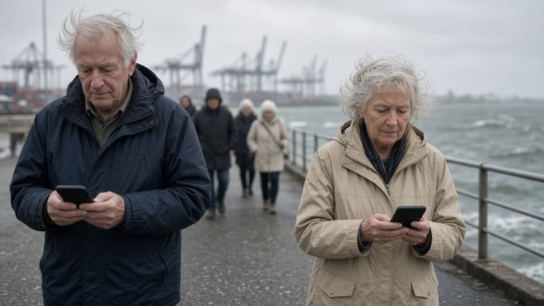Elderly walkers on a windy harbor pier with smartphones, grey sea and container cranes softened in background, overcast light, no logos or readable text.