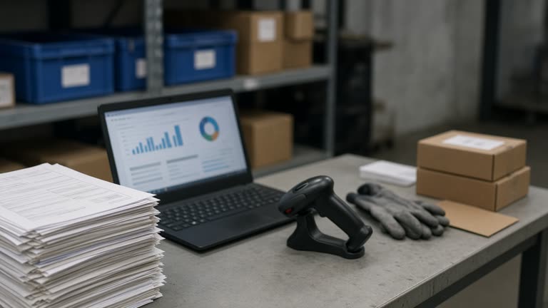 Small e-commerce fulfilment desk with laptop showing blurred charts, printed shipping labels stacked beside a barcode scanner, cool office fluorescent light, no readable screens or logos