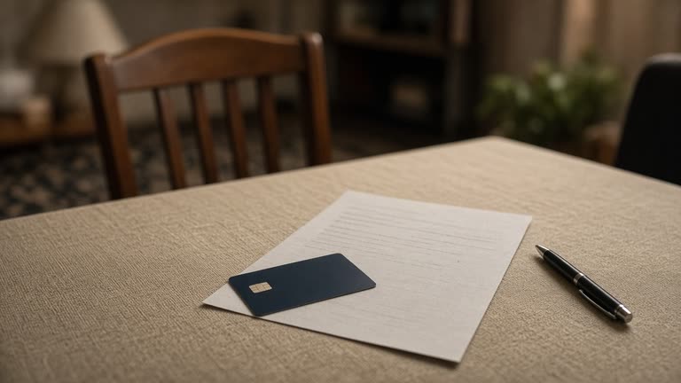 Credit card and paper statement on a dining table with a pen, warm domestic light, shallow focus, no readable text or logos
