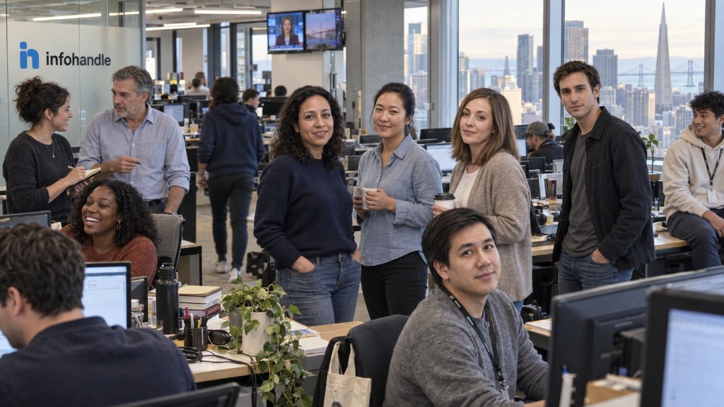 Staff in the InfoHandle San Francisco newsroom, with the bay and downtown skyline in the windows and the company lockup on the glass