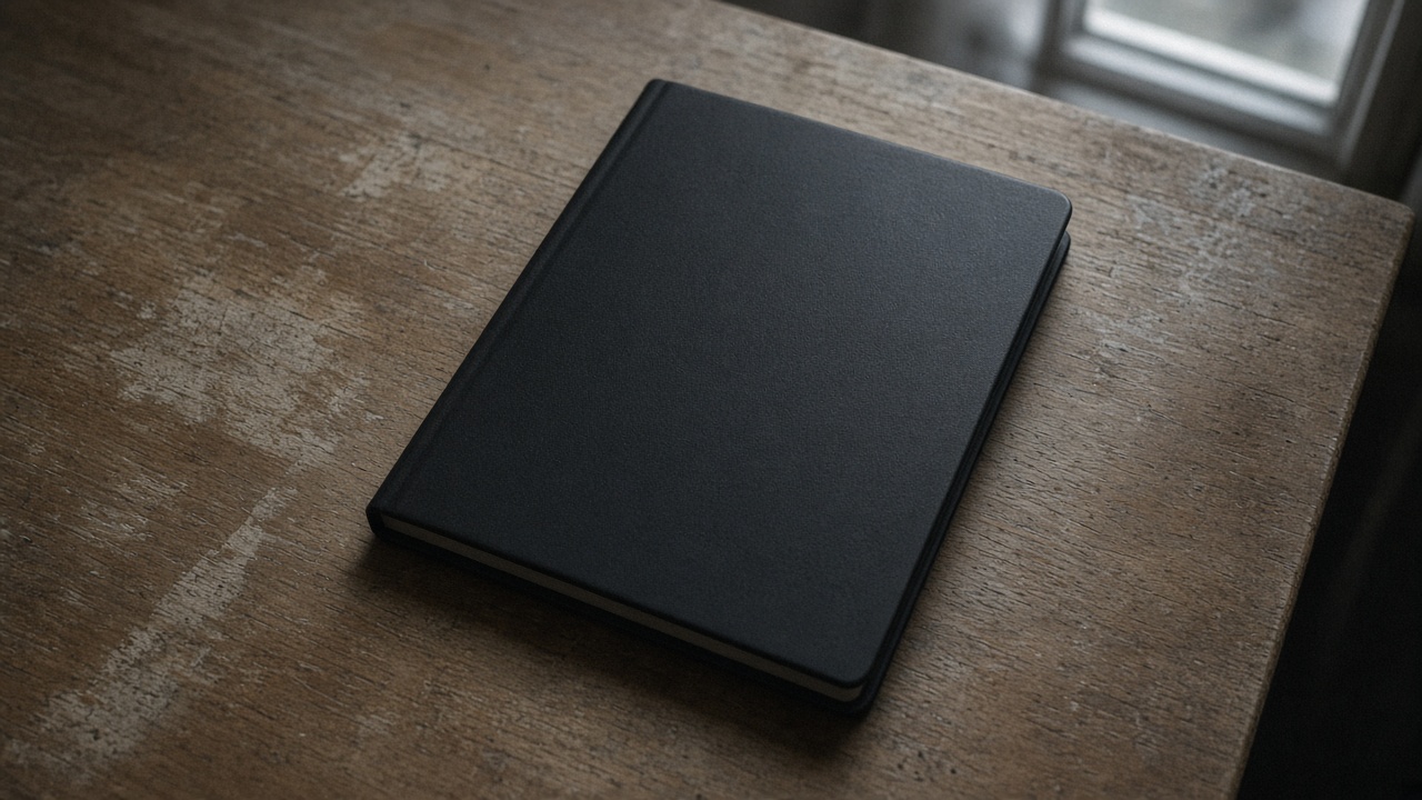 Closed unlabeled black hardcover notebook face-down on a wood desk, blank cover, overcast window light, no people, no logos, no readable text