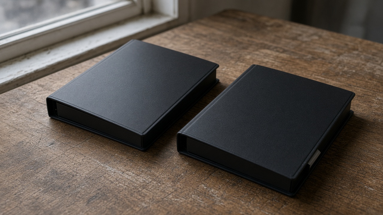 Two closed blank black ring binders on their sides on a wood table, overcast window light, no people, no logos, no readable text