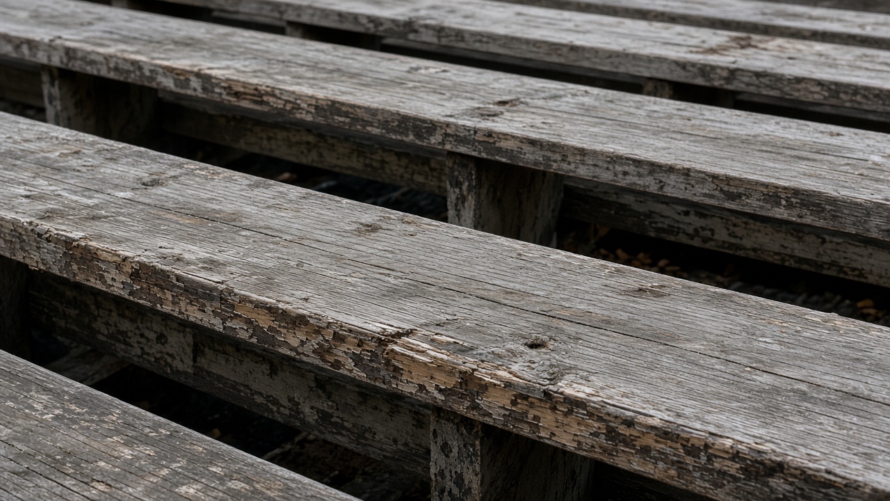 Empty scuffed wooden bleacher plank in overcast daylight, no people, no logos, no readable text