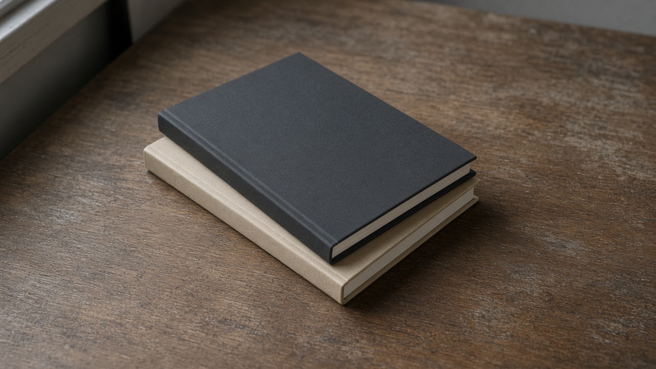 Closed unlabeled black hardcover notebook face-down on a wood desk, blank cover, overcast window light, no people, no logos, no readable text