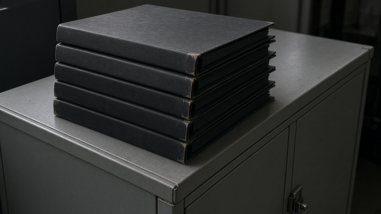 Close-up of closed blank black binders stacked on a wood table, overcast window light, no people, no logos, no readable text