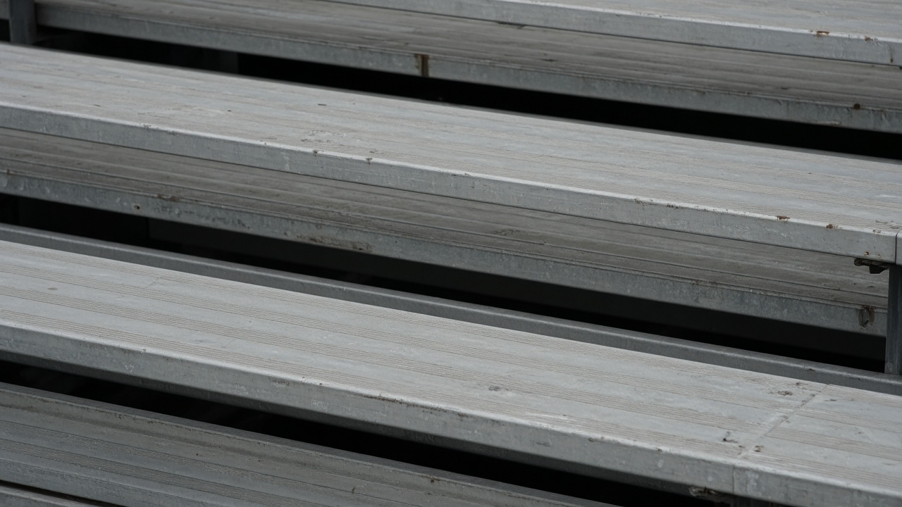 Empty scuffed wooden bleacher plank in overcast daylight, no people, no logos, no readable text