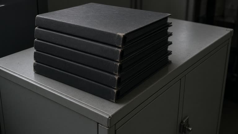 Two closed blank black ring binders on their sides on a wood table, overcast window light, no people, no logos, no readable text