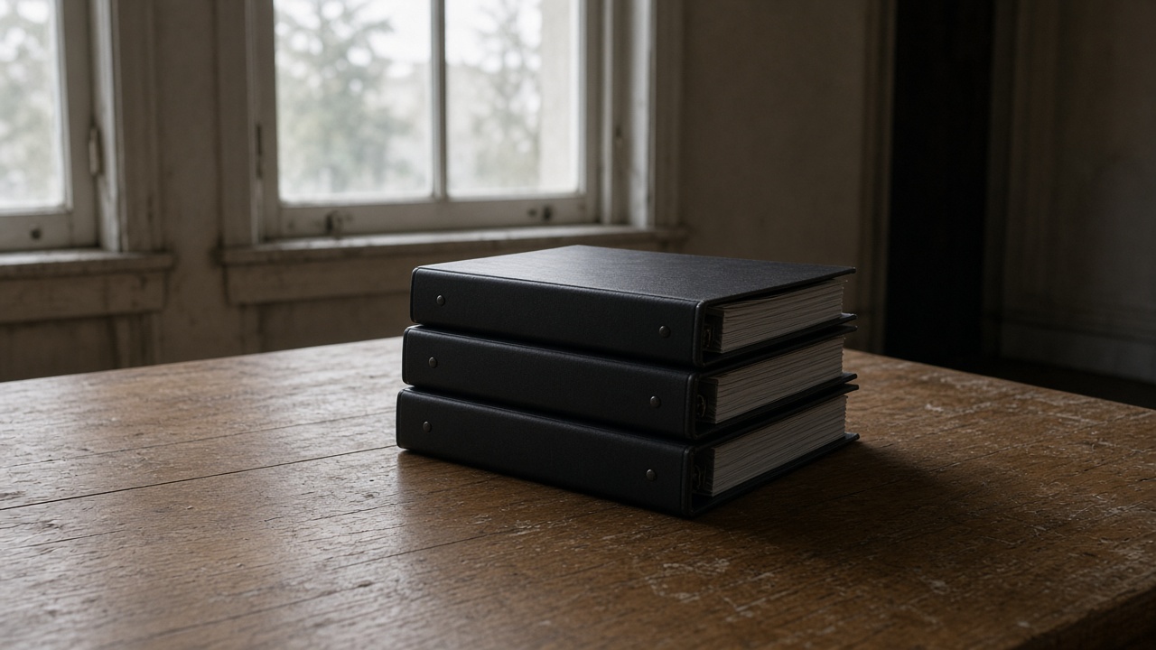 Close-up of closed blank black binders stacked on a wood table, overcast window light, no people, no logos, no readable text