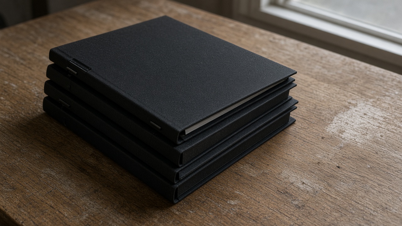Two closed blank black ring binders on their sides on a wood table, overcast window light, no people, no logos, no readable text