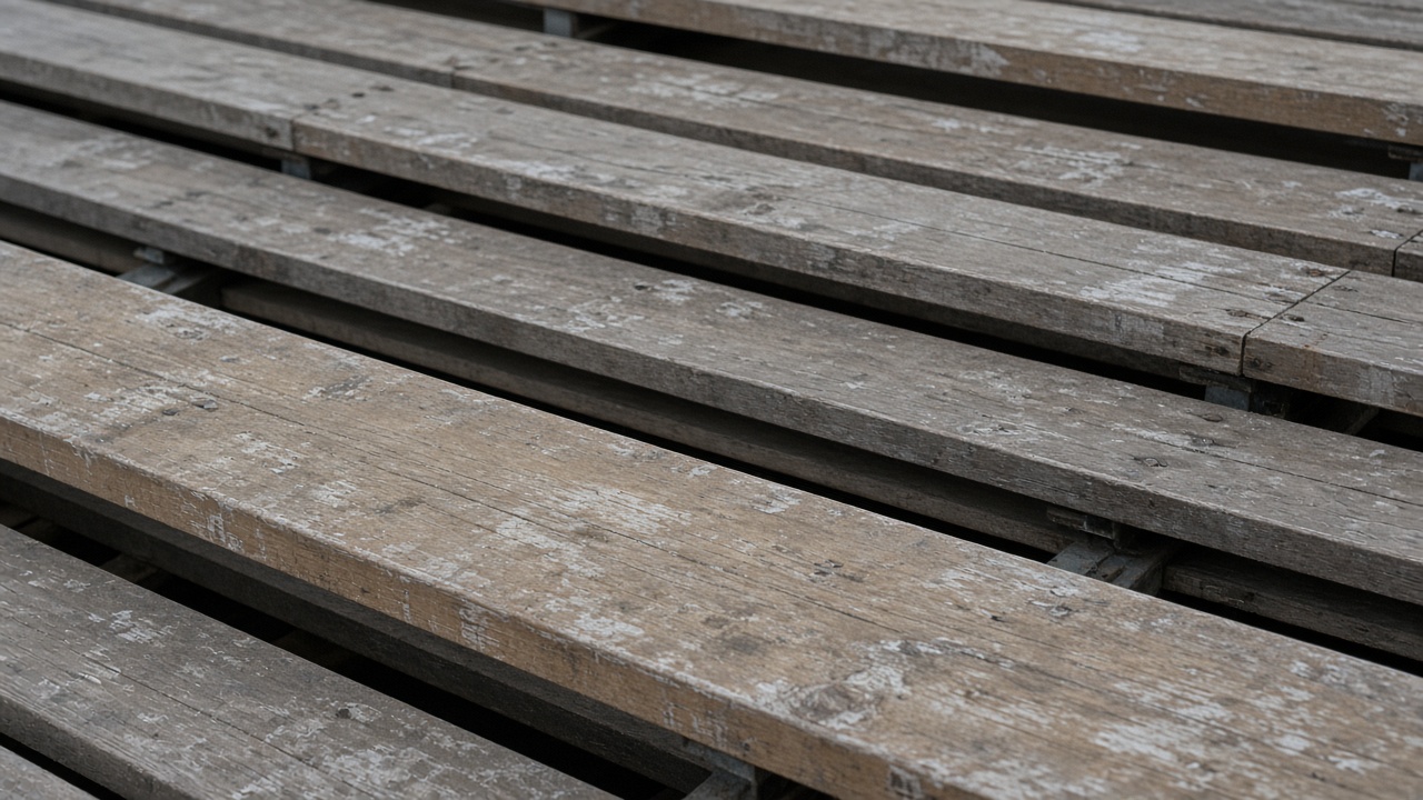 Empty scuffed wooden bleacher plank in overcast daylight, no people, no logos, no readable text