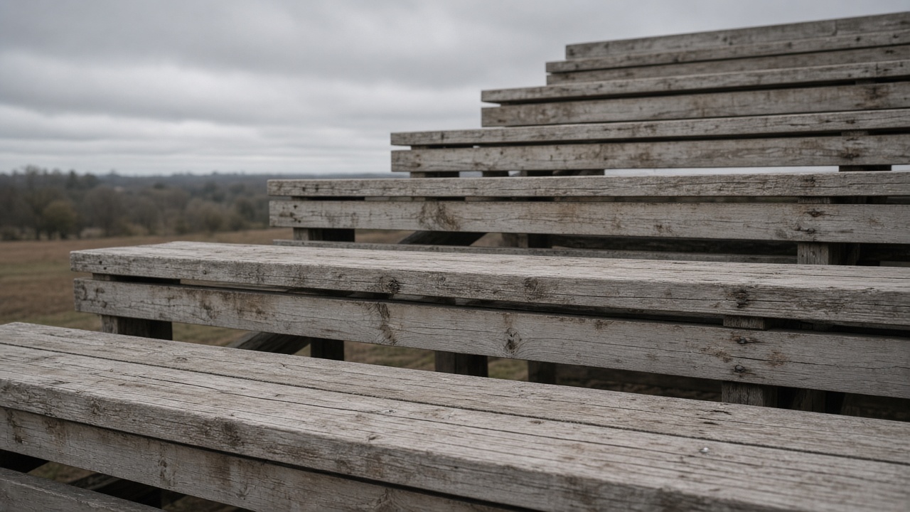 Empty scuffed wooden bleacher plank in overcast daylight, no people, no logos, no readable text