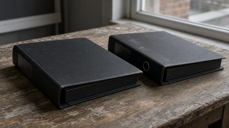 Two closed blank black ring binders on their sides on a wood table, overcast window light, no people, no logos, no readable text