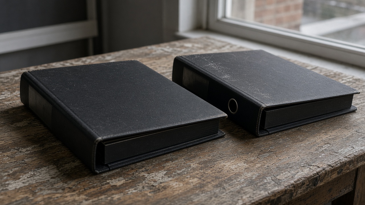 Two closed blank black ring binders on their sides on a wood table, overcast window light, no people, no logos, no readable text