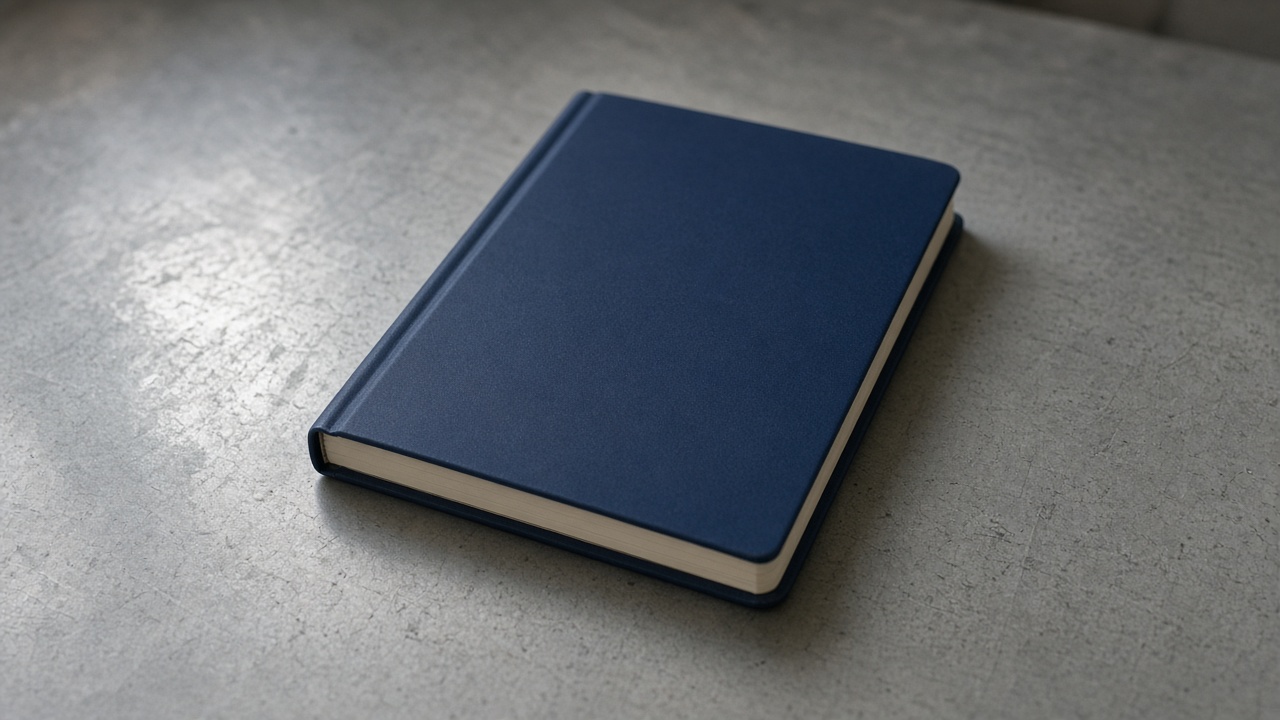 Closed unlabeled black hardcover notebook face-down on a wood desk, blank cover, overcast window light, no people, no logos, no readable text
