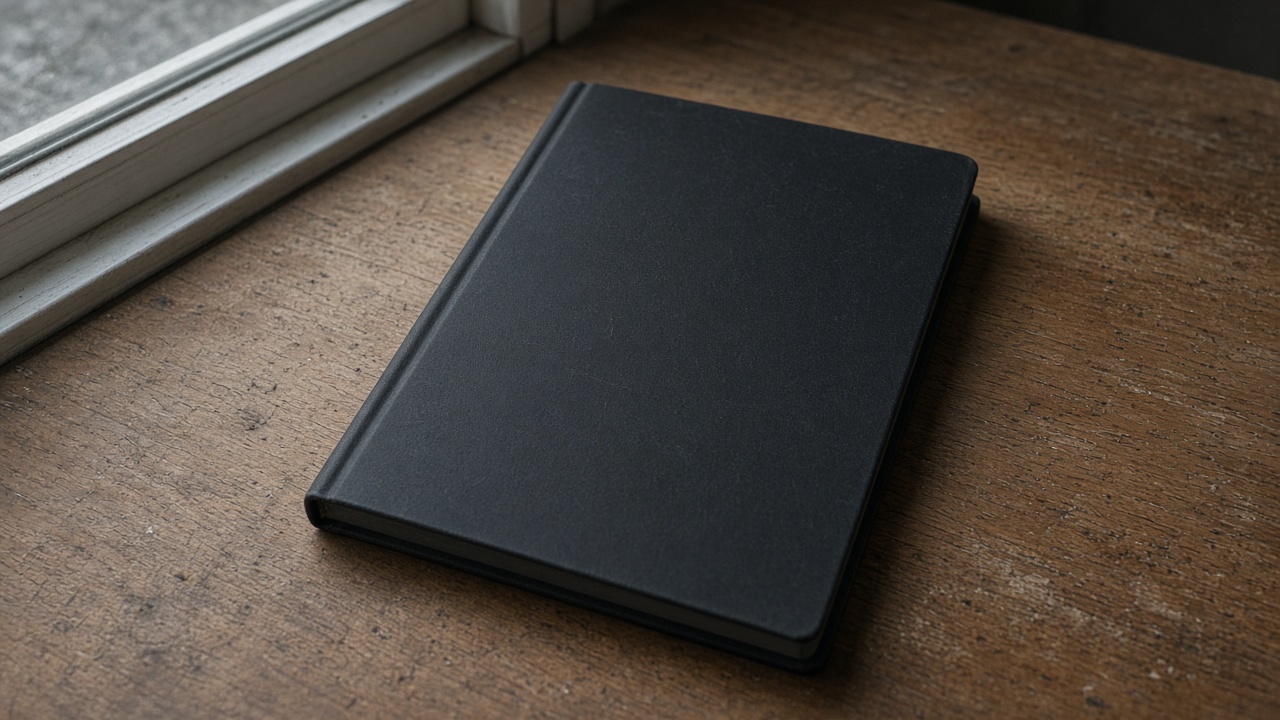 Closed unlabeled black hardcover notebook face-down on a wood desk, blank cover, overcast window light, no people, no logos, no readable text