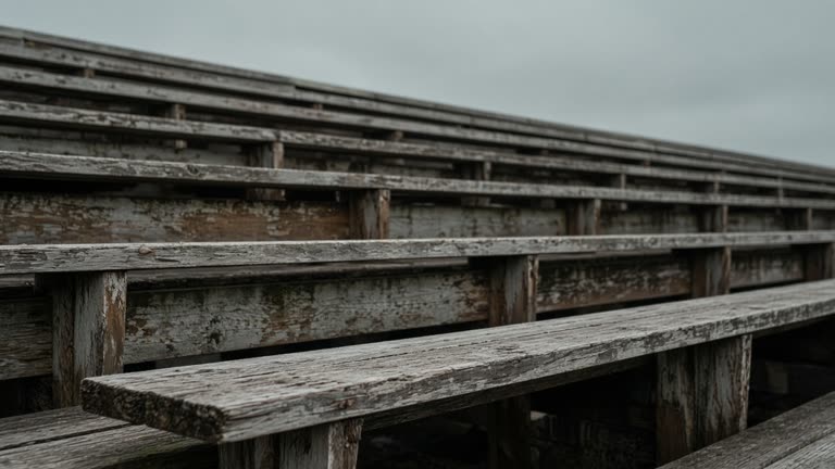 Empty scuffed wooden bleacher plank in overcast daylight, no people, no logos, no readable text