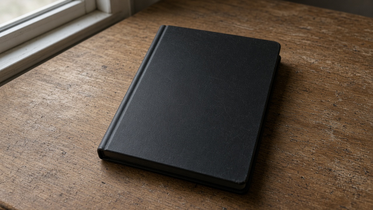 Closed unlabeled black hardcover notebook face-down on a wood desk, blank cover, overcast window light, no people, no logos, no readable text