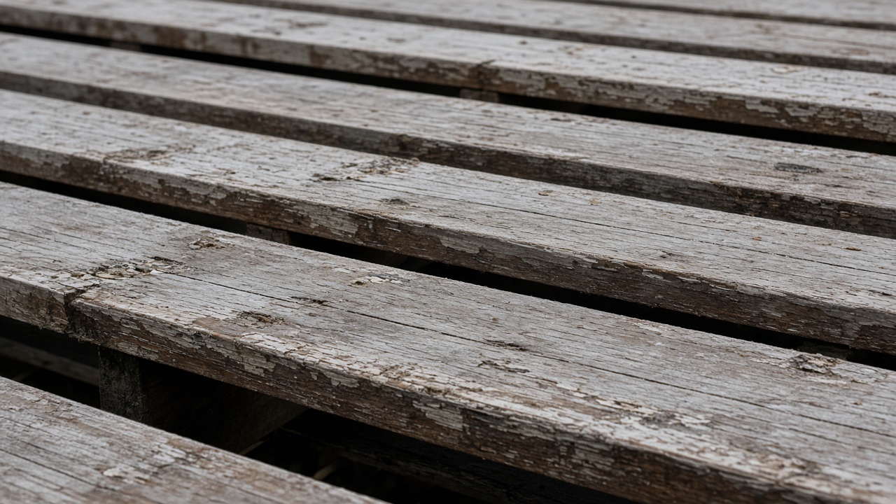 Empty scuffed wooden bleacher plank in overcast daylight, no people, no logos, no readable text