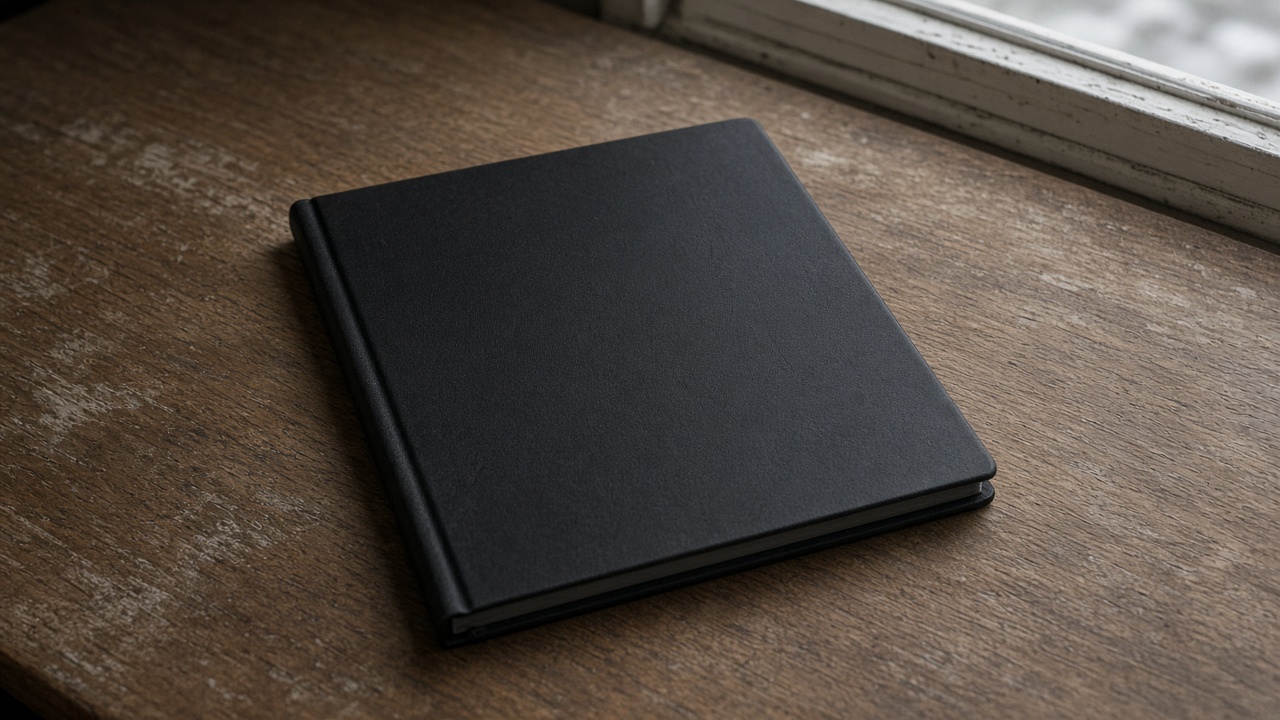 Closed unlabeled black hardcover notebook face-down on a wood desk, blank cover, overcast window light, no people, no logos, no readable text