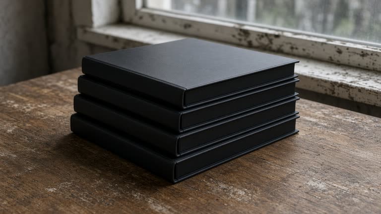 Close-up of closed blank black binders stacked on a wood table, overcast window light, no people, no logos, no readable text